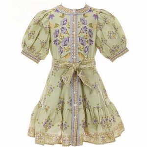 Floral Puff-Sleeve Tie-Waist Dress in Sage and Lavender